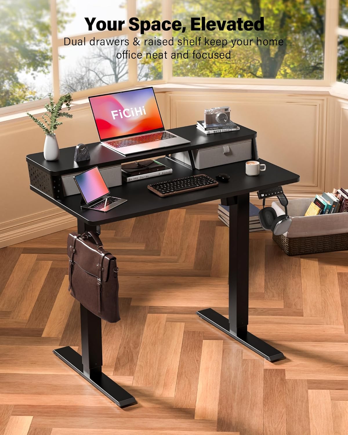 35x20 Inch Standing Desk with Double Drawers, C-Clamp Mount Compatible, Electric Adjustable Height Computer Stand Up Desks, Home Office Sit Stand Table with 3 Preset Heights & 2 Hooks, Black