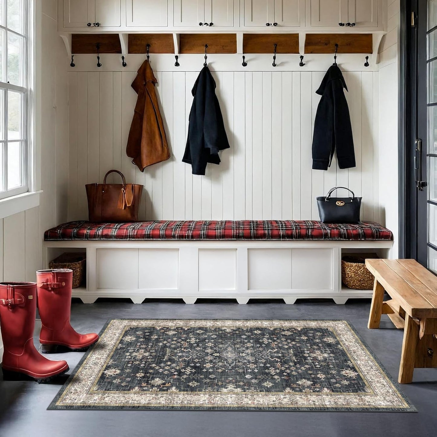 Black 2x4 Entryway Runner Rugs, Small Runners for Kitchen, Door Mat Indoor Entrance, Bathroom, Non-Slip Low-Pile Washable Stain Resistant, Vintage Ashen Charcoal Floral Decor