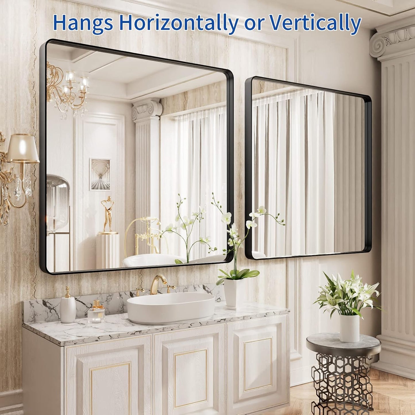 WEER 36X36 Inch Black Metal Framed Bathroom Mirror, Matte Black Bathroom Vanity Mirror, Rectangular Black Wall Mirror for Bathroom, Tempered Glass, Rounded Corner, Hangs Horizontal or Vertical