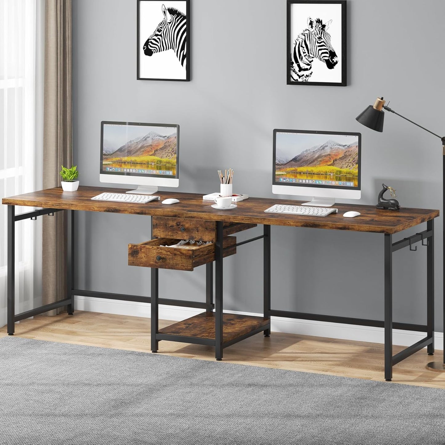 Tribesigns Two Person Desk, 79 Inch Double Desk with 2 Drawers, Large Computer Desk Long Desks with Storage Shelves, Writing Table Study Desk for Home Office, Rustic Brown (NY001)