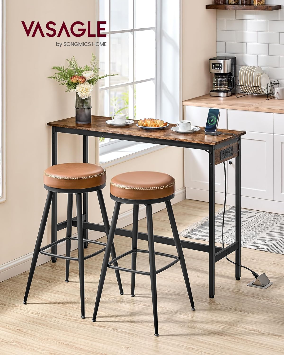 VASAGLE Bar Table, Narrow Long Kitchen Dining Table with Charging Station, Sturdy Metal Frame, Industrial, 15.7 x 47.2 x 35.4 Inches, Rustic Brown and Ink Black ULBT121K01