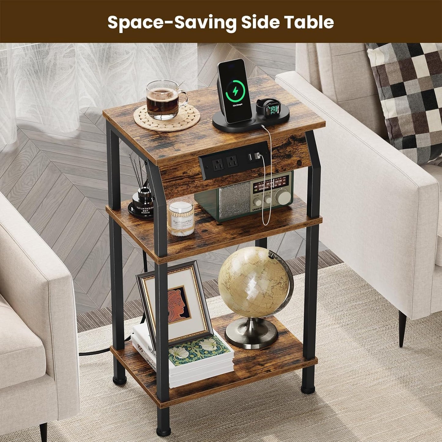 Tall Side Table with Storage, 3-Tier Small End Table with Charging Station, Narrow Bedside Table Stand, Space-Saving Nightstand for Living Room, Bedroom,Office, Rustic Brown