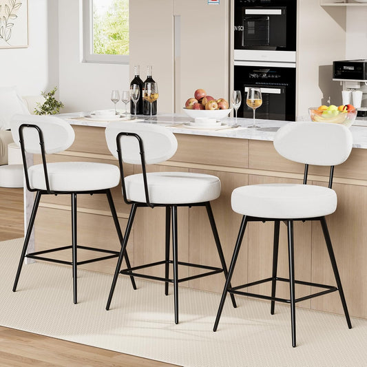 HOMMPA Swivel Bar Stools Set of 3 Counter Height Bar Stools Chiars 26'' Boucle Upholstered Modern Counter Barstools with Back Metal Legs Bar Chairs for Kitchen Counter Island White