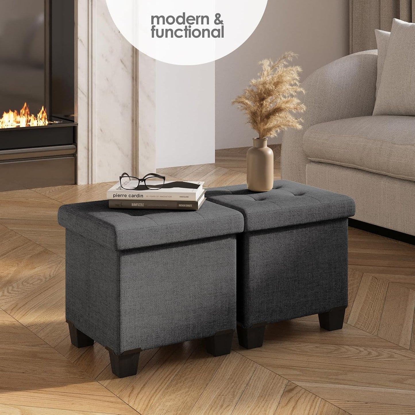 STORAGEBUD Storage Ottoman Cube with Small Bin, 16-in Square Ottoman with Storage for Living Room and Bedroom, Small Ottomans Foot Rest, Fabric Foot Stools Ottomans Max 330lbs, Grey