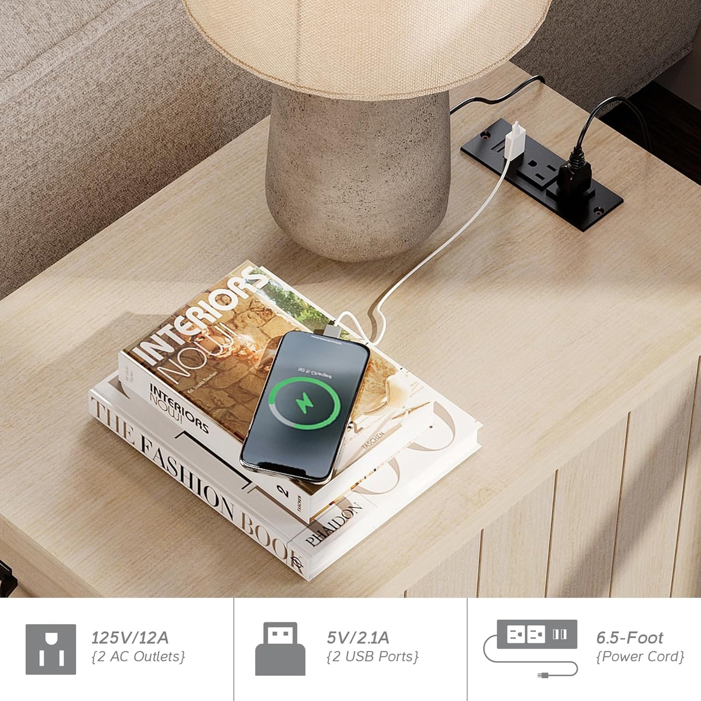 WAMPAT Beige End Table with Charging Station, Wooden Side Table with Storage Cabinet & Drawer, Elegant Nightstand with Power Outlets & USB Ports for Bedroom, Living Room