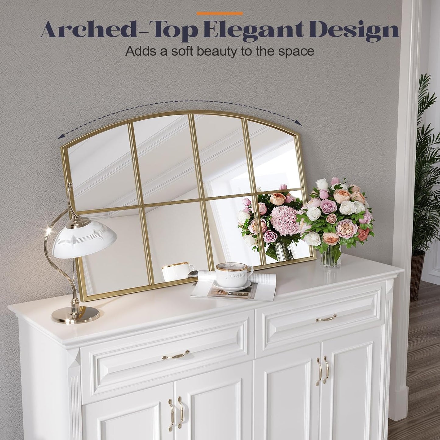 Wide Arched Mirror, 36" x 24" Gold Window Mirror, Antique Brass Farmhouse Mirrors for Living Room Dining Room Bedroom Fireplace Hallway Entryway