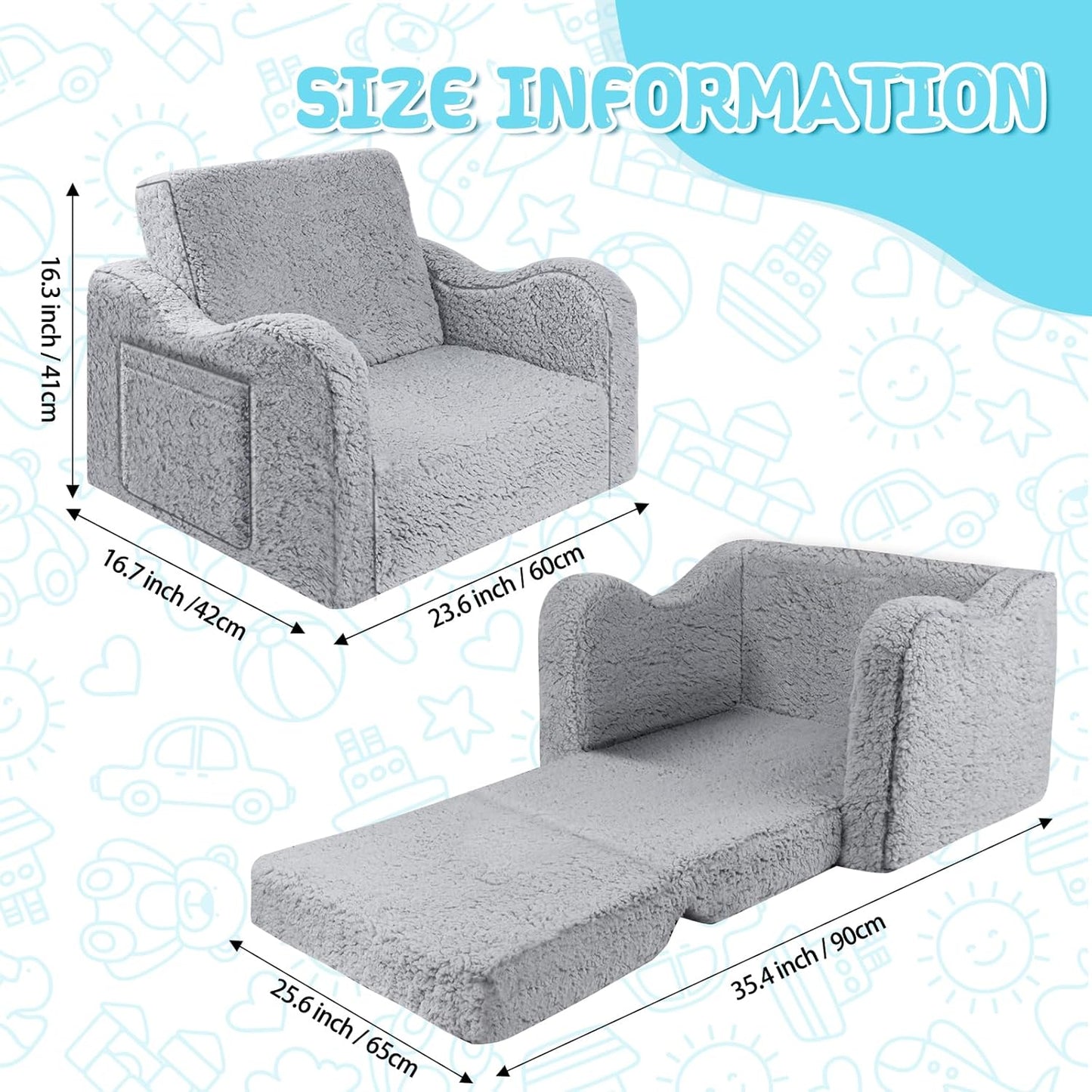 Kids Couch for Toddlers, 2-in-1 Kids Sofa Chair, Comfy Soft Foldable Toddler Couch Chair for Girls and Boys