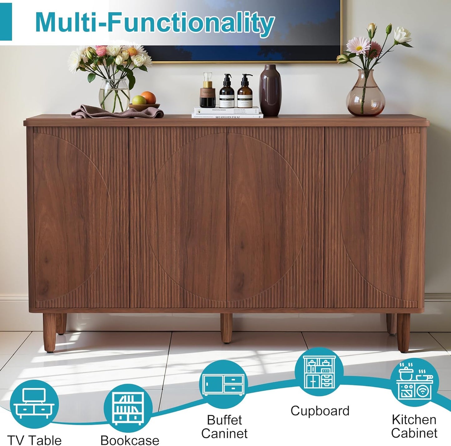 59.4" Sideboard Buffet Cabinet with Storage, Kitchen Buffet Storage Cabinet with Doors & Shelves, Modern Sideboard for Living Room, Kitchen, Hallway, Rustic Brown