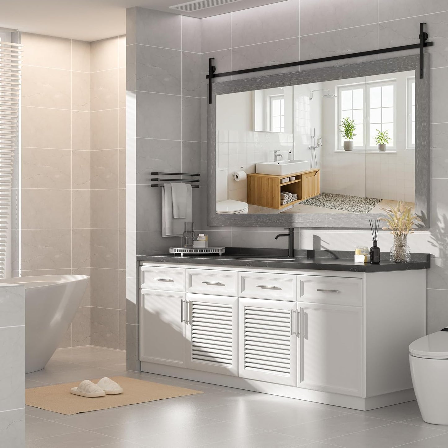 Hasipu Farmhouse Bathroom Mirror, 60"x30" Rustic Wood Framed Wall Mounted Mirror, Gray Vintage Vanity Mirror Barn Door Style Decrative Mirrors