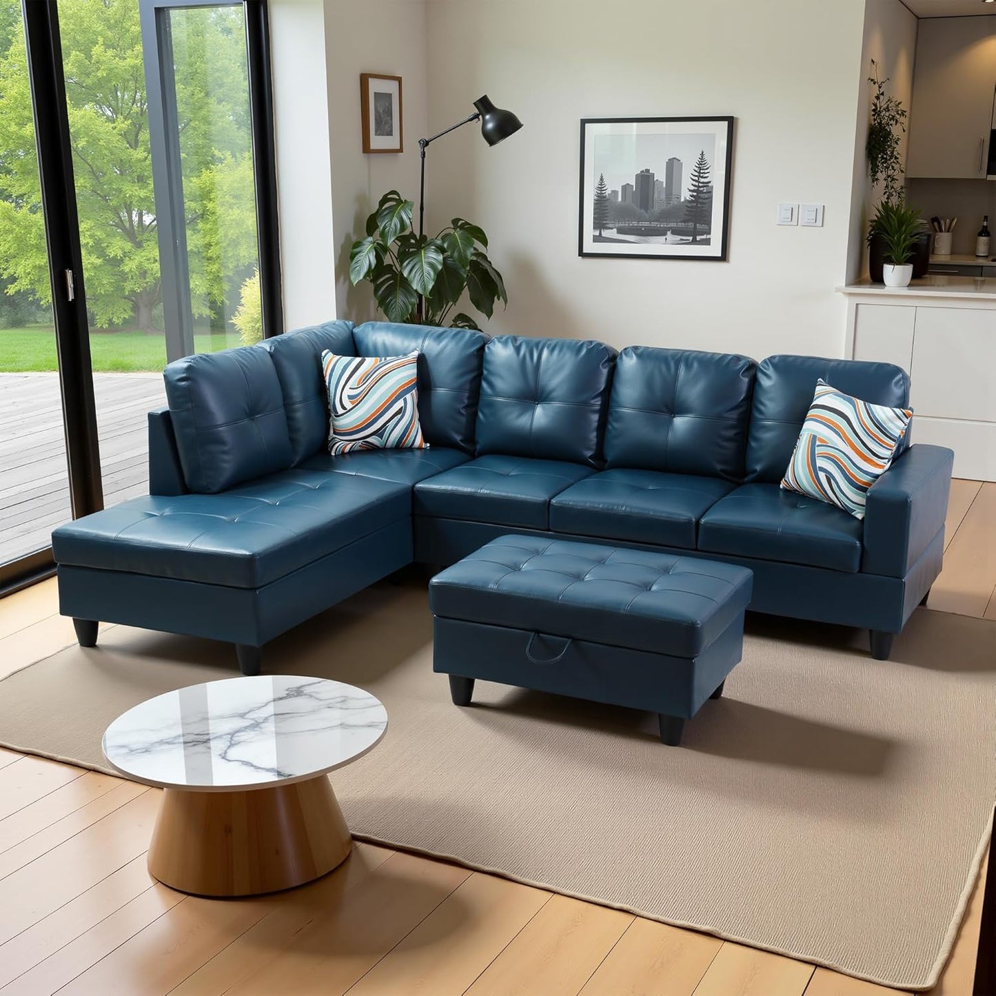103.5" Oversized Sectional Couch, L Shaped Couch with Storage Ottoman, Modern Modular Sofa with Deep Seat, Sectional Couches for Living Room and Office, Peacock Blue (PU Leather)