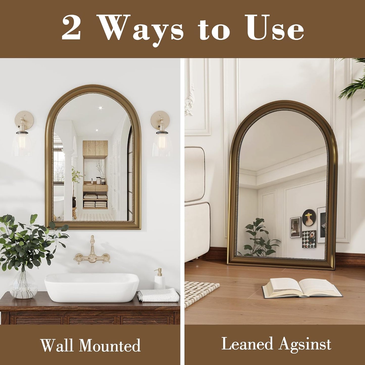 Axeman 32x48 Arched Wall Mirror, Decorative Bathroom Mirror, Traditional Vintage Wall Mounted Mirror with Beaded Frame for Accent Living Room Vanity Bedroom Entryway, Gold