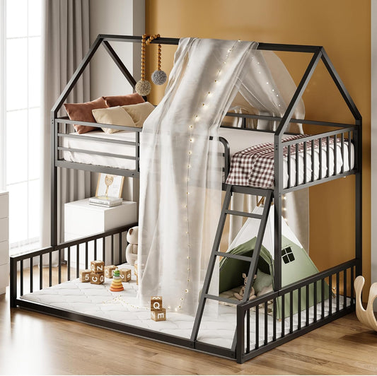 LIKIMIO Bunk Bed Twin Over Full Size, House Bunk Bed Frame with Ladder and Guardrail, House Shaped with Metal Slats Support No Box Spring Needed Space Saving for Bedroom and Dorm, Black