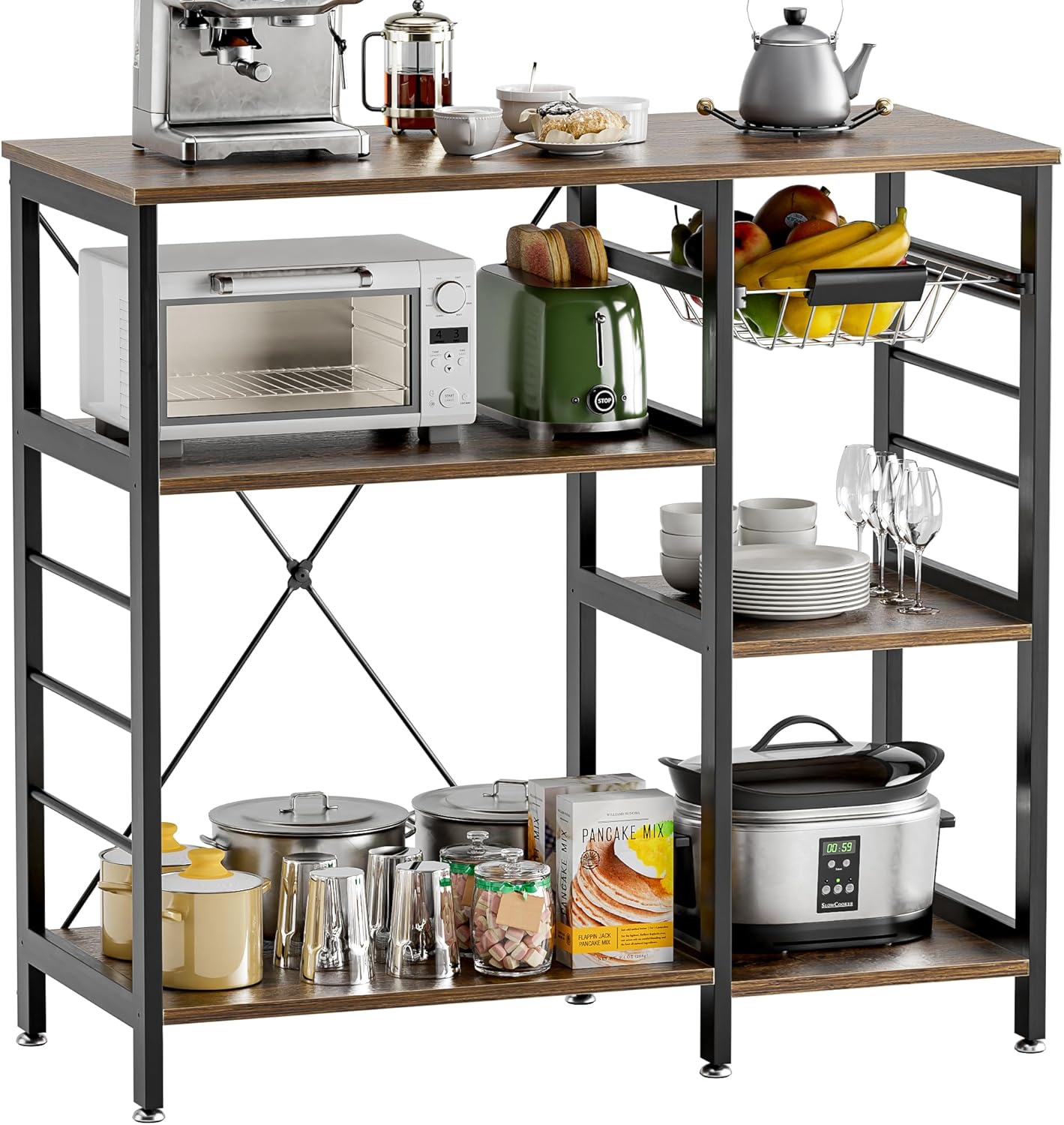 Baker’s Rack, Microwave Oven Stand with Bamboo Frame, 35.43" Coffee Bar with Wire Basket & 6 Hooks, 3-Tier Kitchen Storage Shelf Stand for Kitchen, Living Room, Office, Rustic Brown