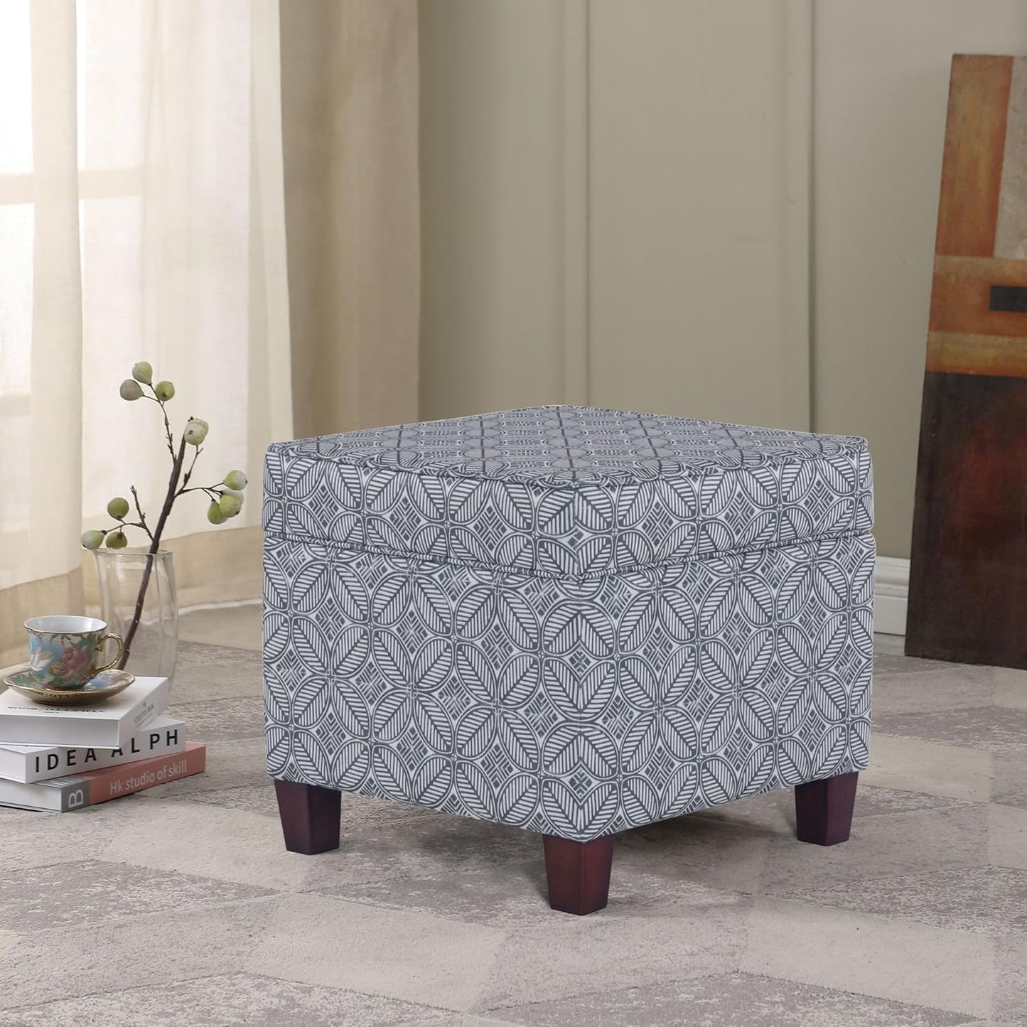 HomePop Home Decor | K7342-A874 | Classic Square Storage Ottoman with Lift Off Lid | Ottoman with Storage for Living Room & Bedroom, Blue Indigo Print, Large