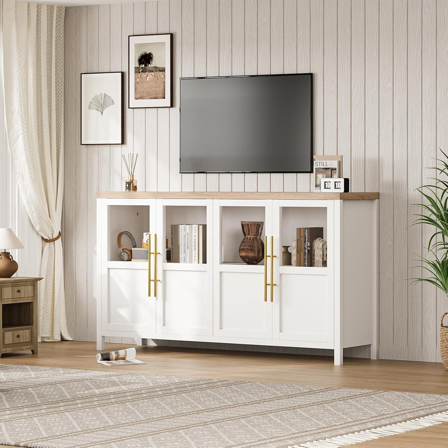 GarveeHome Sideboard Buffet Cabinet with 4 Glass Doors, 55" Buffet Table Coffee Bar Wine Bar Display Cabinet for Kitchen Dining Room, Living Room (White, Glass with 4 Doors)