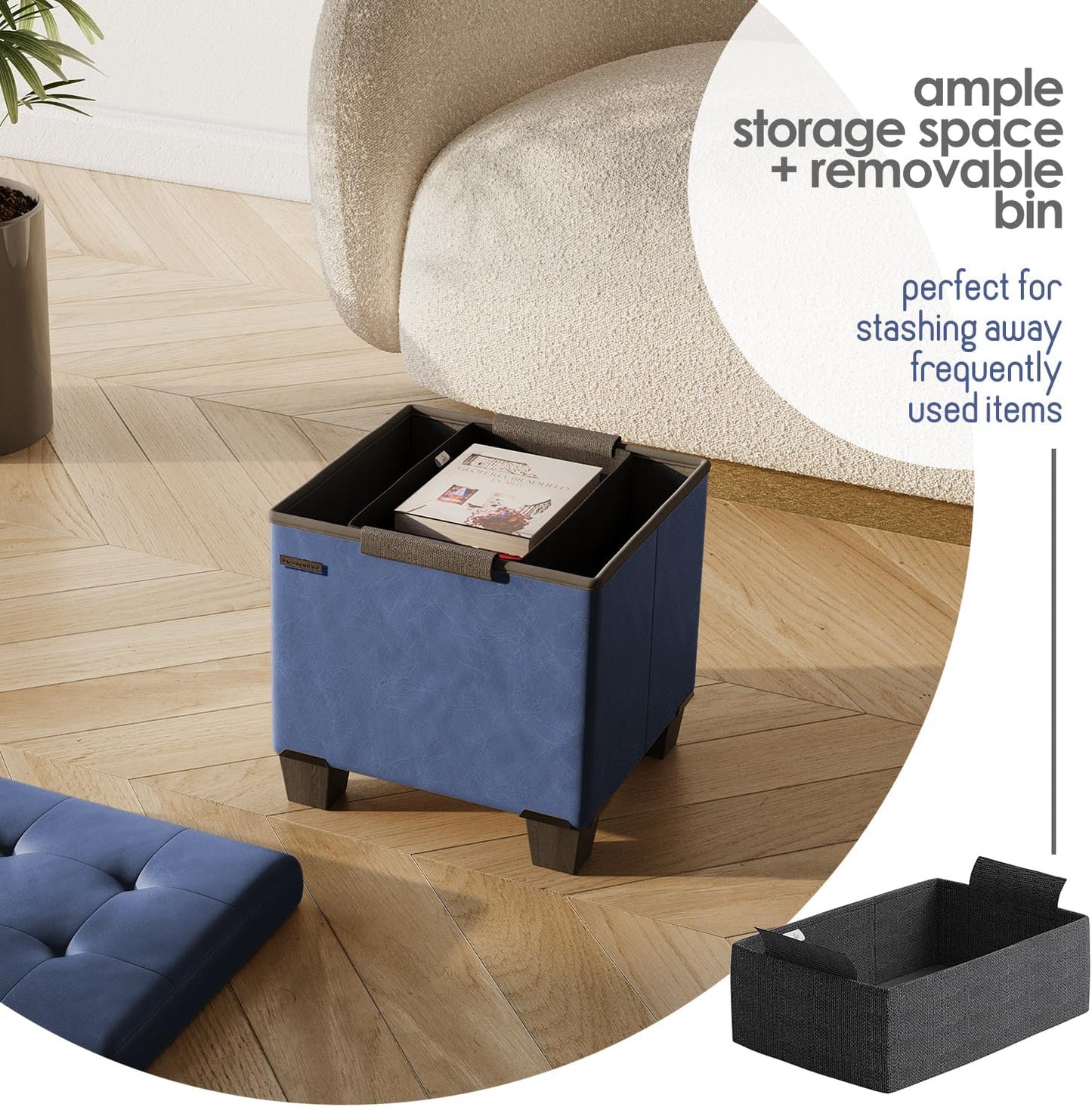 STORAGEBUD Storage Ottoman Cube with Small Bin, 16-in Square Ottoman with Storage for Living Room and Bedroom, Small Ottomans Foot Rest, Faux Leather Foot Stools Ottomans Max 330lbs, Blue