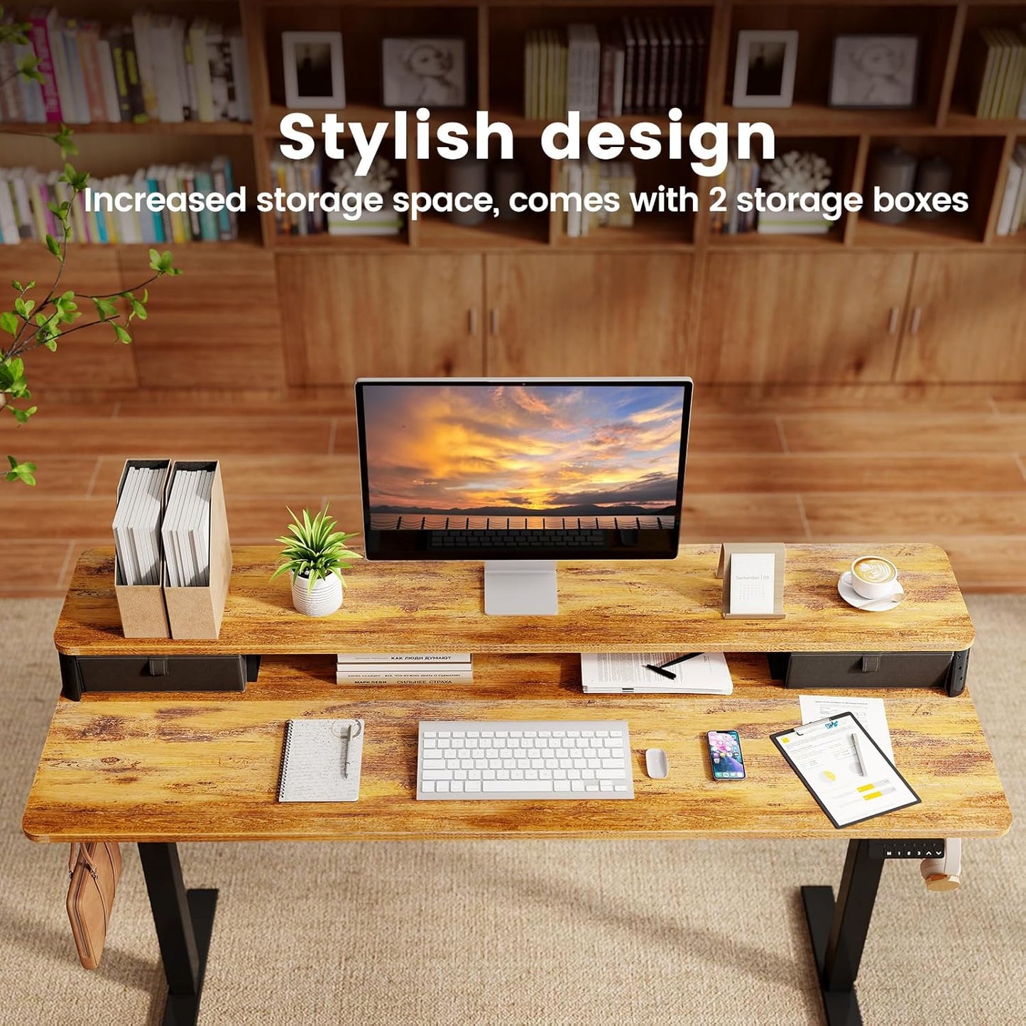 Standing Desk With Drawers and Brushless Motor,Electric Height Adjustable desk for Walking Pad,Ergonomic Stand Up Desk for Home Office & Gaming,3 Memory Height Preset & Hooks(55" x 24",Rustic Brown)