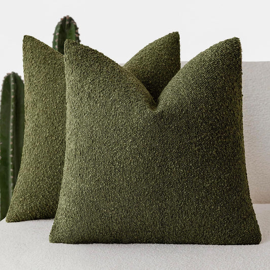 Foindtower Pack of 2 Modern Textured Boucle Throw Pillow Covers Accent Solid Decorative Pillow Cases Cozy Woven Couch Cushion Case for Chair Sofa Bedroom Living Room Home Decor 20x20 Inch Moss Green