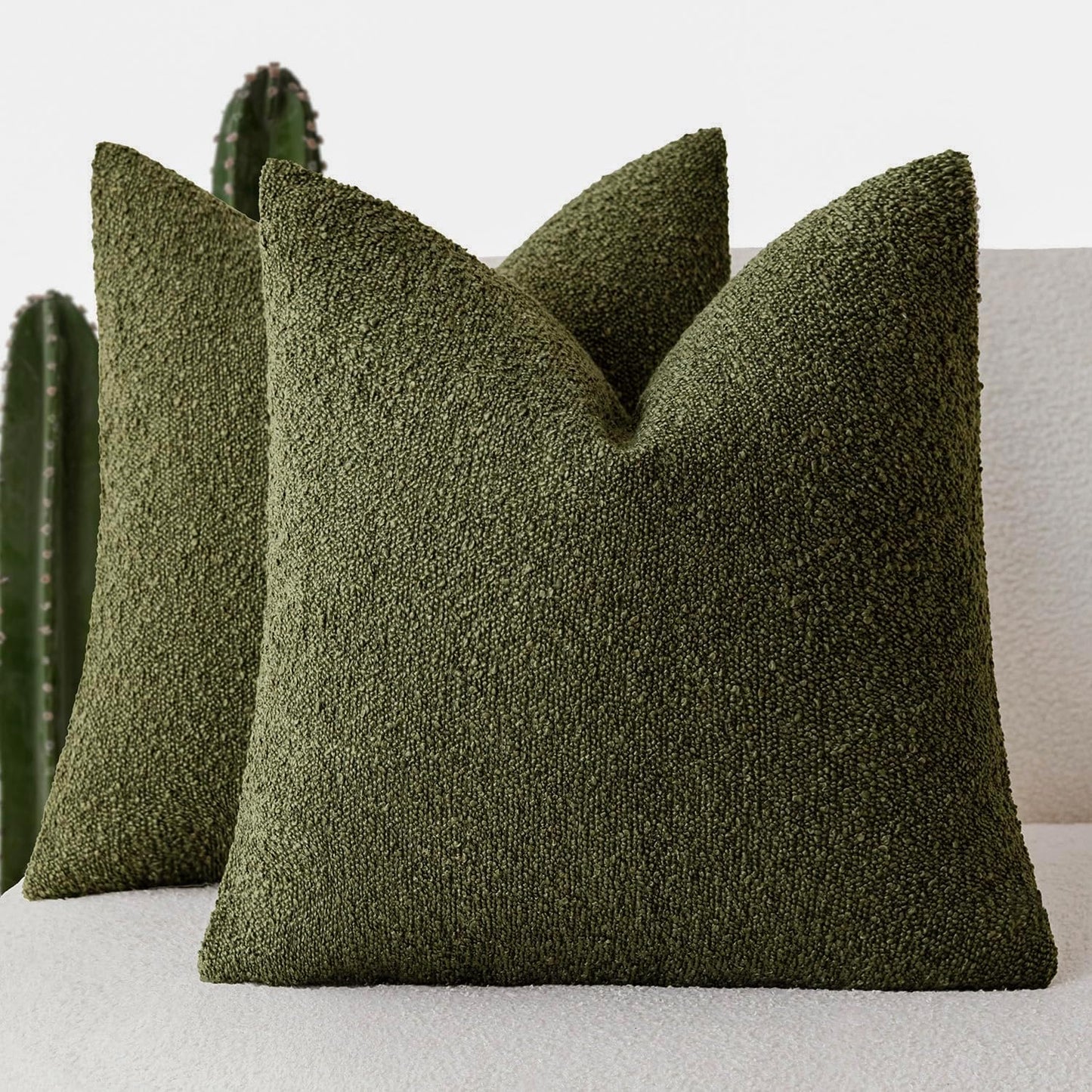 Foindtower Set of 2, Decorative Textured Boucle Throw Pillow Covers Accent Solid Pillow Cases Neutral Soft Cozy Couch Cushion Case for Chair Sofa Bedroom Living Room Home Decor 16x16 Inch Moss Green
