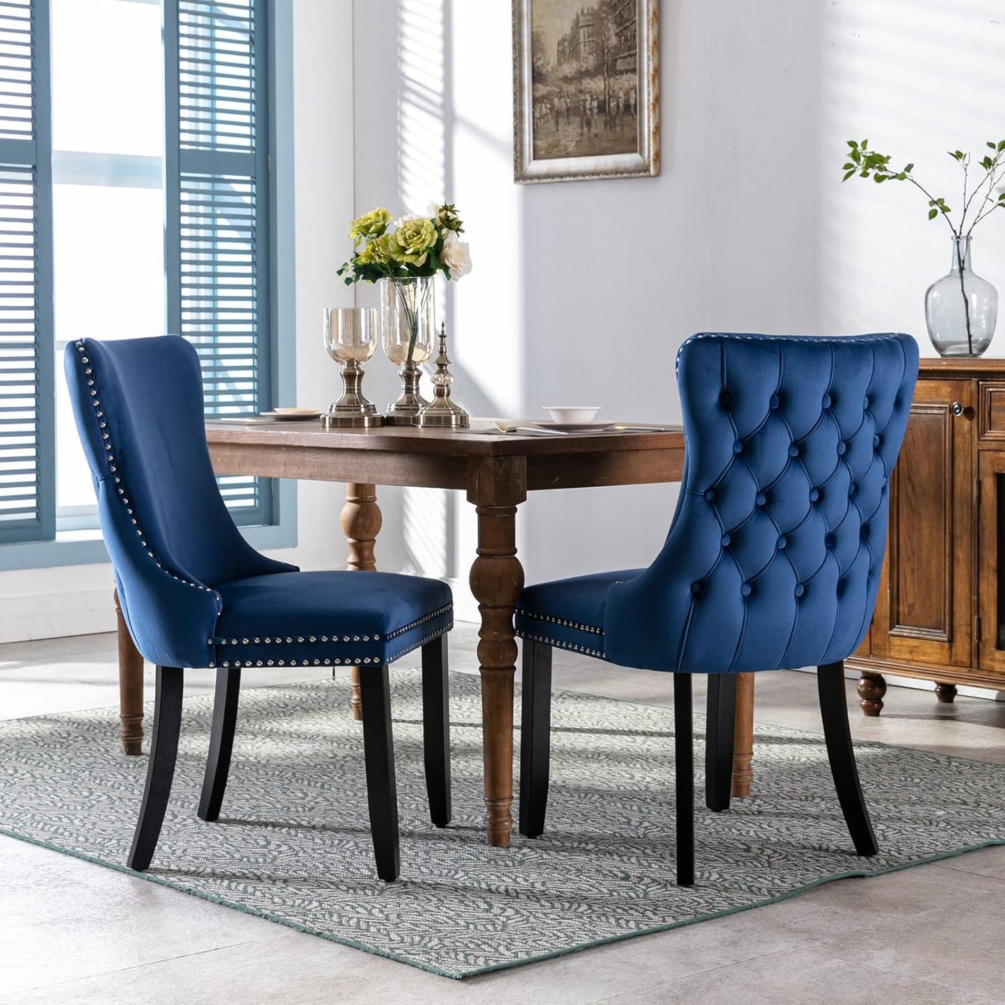 PacknWood Acosure Set of 2 Velvet Upholstered Wing-Back Dining Chair with Backstitching Nailhead Trim,Exquisite Furniture Stool W/Wood Legs,for Kitchen,Sitting Room,Blue