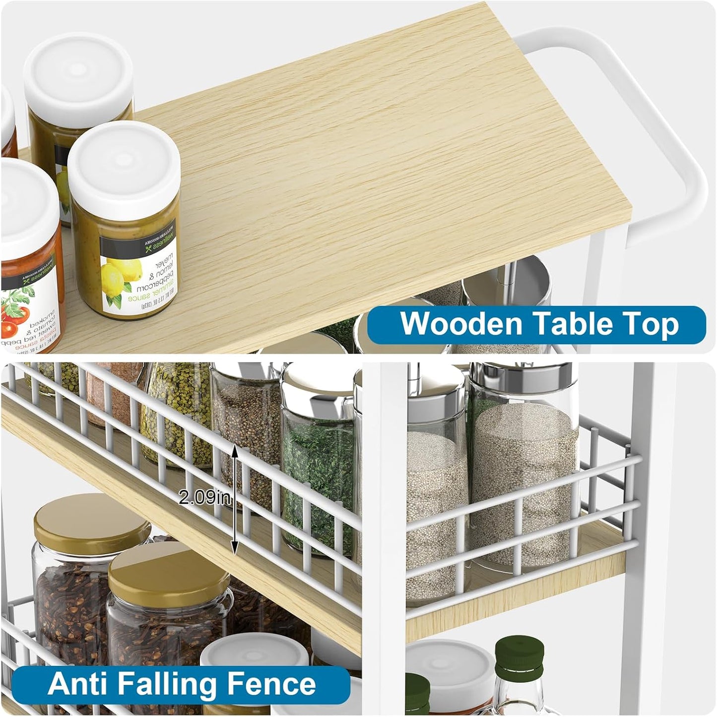 YBING Slim Storage Cart 4-Tier Rolling Kitchen Utility Cart White Narrow Laundry Storage Cart on Wheels and Wood Table Top Mobile Shelving Unit Organizer Trolley for Bathroom Small Space 7.3" W