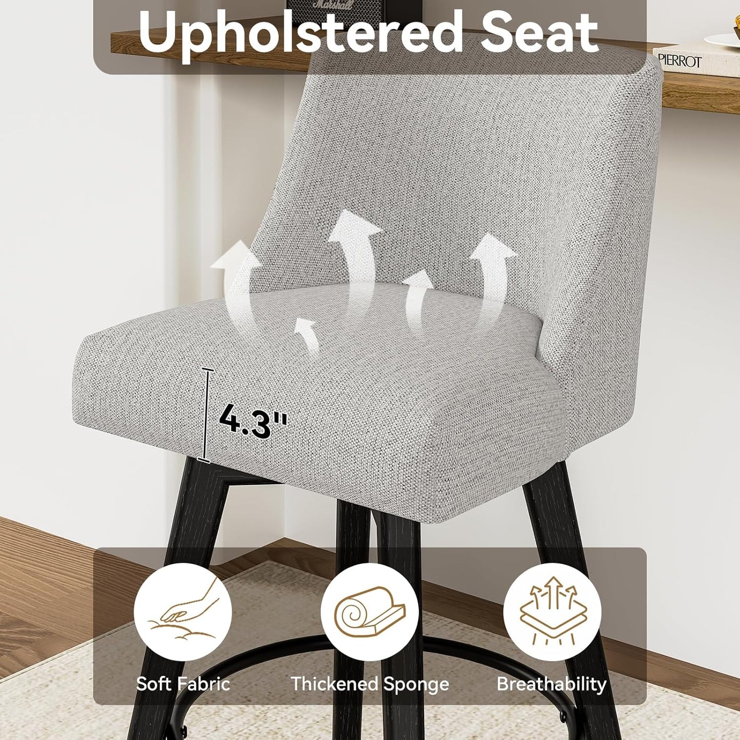 26.8 Inch Counter Height Bar Stools with Back, Swivel Bar Stools Set of 2, Modern Kitchen Barstools with Footrest, Linen Upholstered Bar Chairs, Solid Wood Legs for Island, Pub, Light Grey