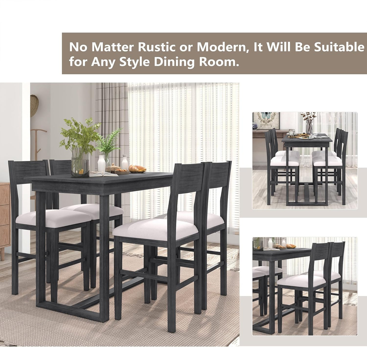 Merax Farmhouse Counter Height 5-Piece Dining Set with 1 Rectangular Table and 4 Upholstered Chairs for Small Places, Family Kitchen Furniture, Gray