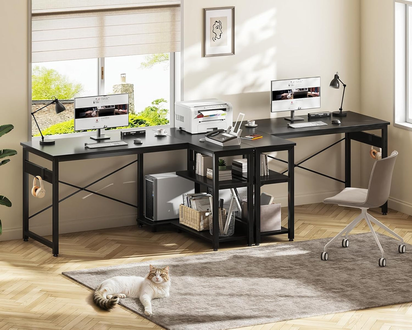 Casaottima L Shaped Computer Desk, 48 Inch Small Corner Desk with Storage Shelves & PC Stand, Reversible Gaming Desk for Bedroom, Modern Writing Study Table for Home Office, Black