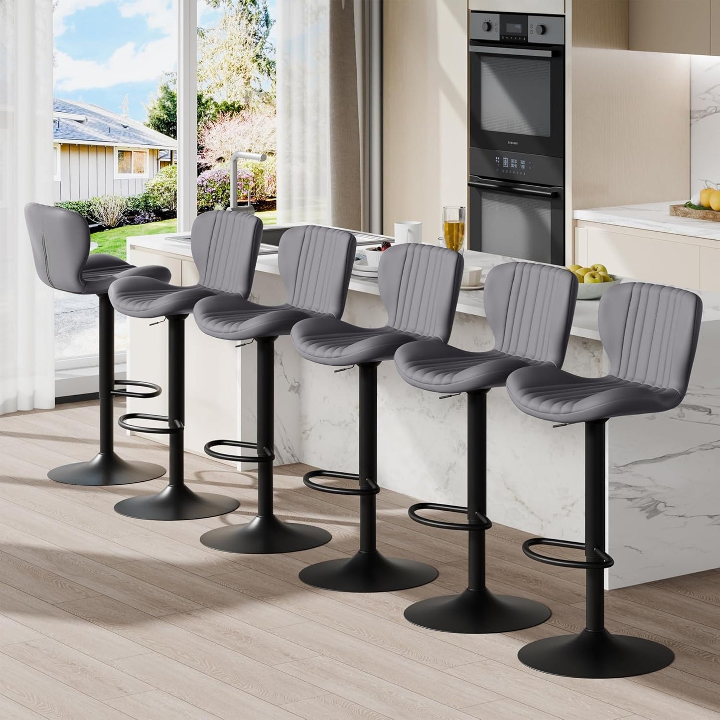 Shintenchi Bar Stools Set of 6 Modern Swivel Bar Chairs, Counter Height Faux Leather Metal Barstools, Upholstered Island Chairs with Back and Footrest, Gray
