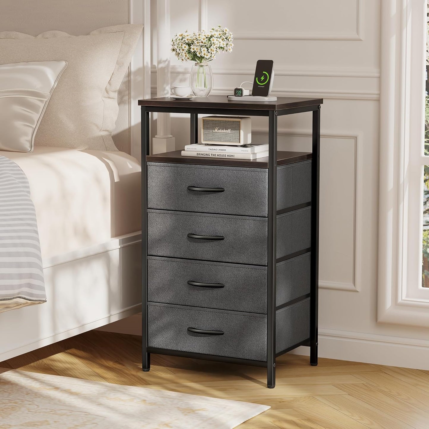 Huuger Night Stand with Charging Station, 4 Drawer Dresser for Bedroom, Bedside Table, 33.9 Inch Tall Nightstand with Open Shelf, End Table, for Closet, Entryway, Bedroom, Walnut