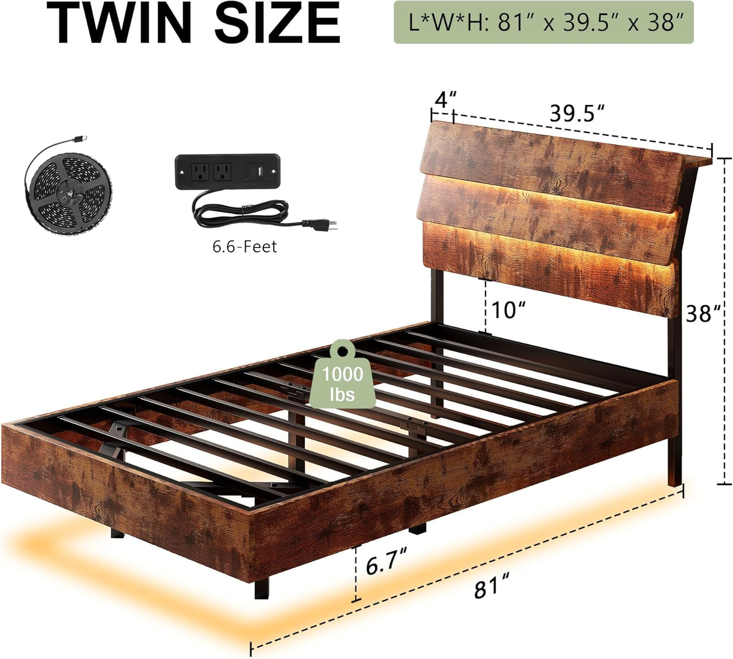Feonase Twin Floating Bed Frame with Led Lights and Charging Station, Wood Twin Size Bed Frame with Storage Headboard, Heavy Duty Metal Slats, No Box Spring Needed, Easy Assembly, Vintage Brown
