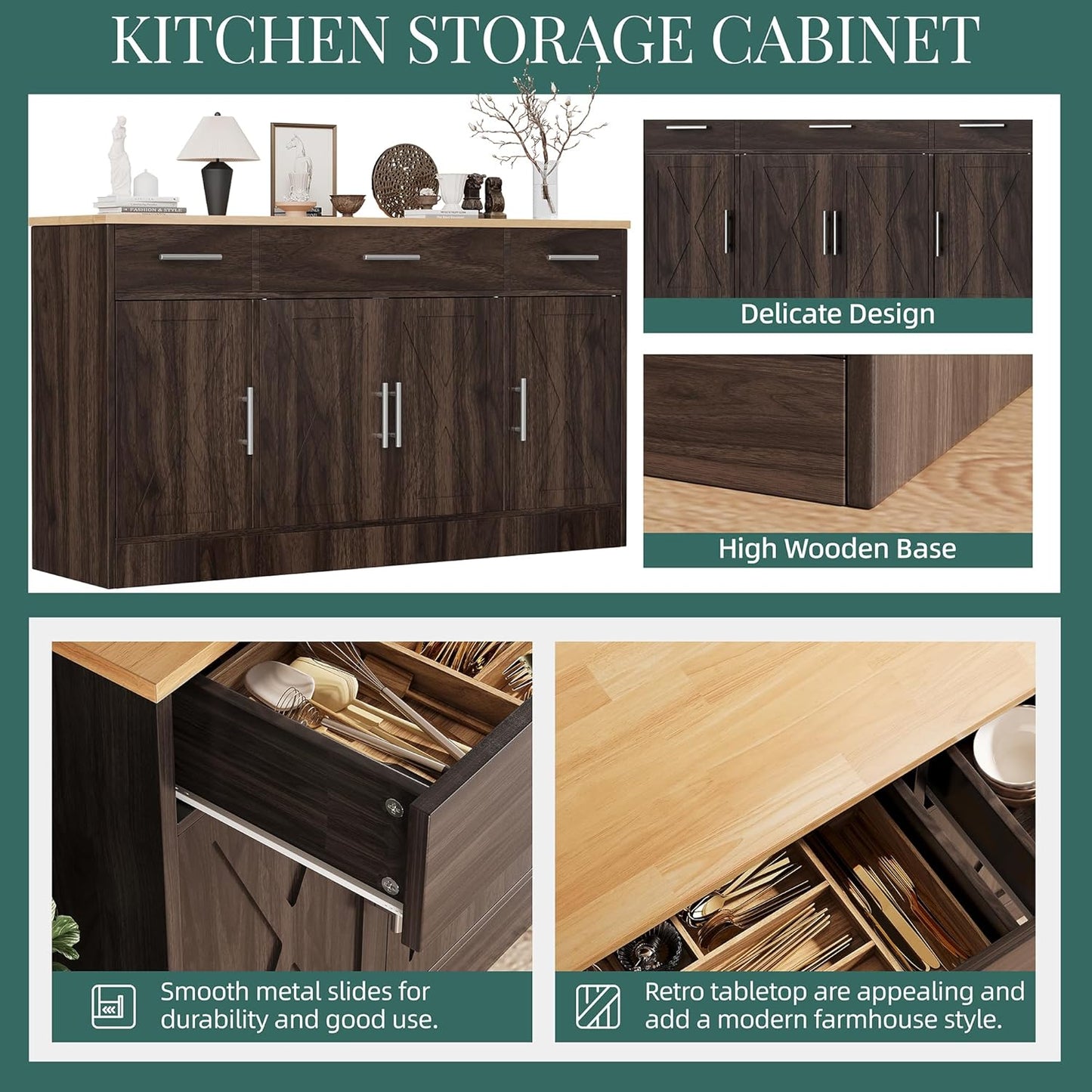 Shintenchi Sideboard Buffet Cabinet with Storage,53.4" Large Kitchen Buffet Storage Cabinet with 3 Drawers and 4 Doors,Wood Farmhouse Sideboard with Adjustable Shelf for Kitchen, Living Room,Brown