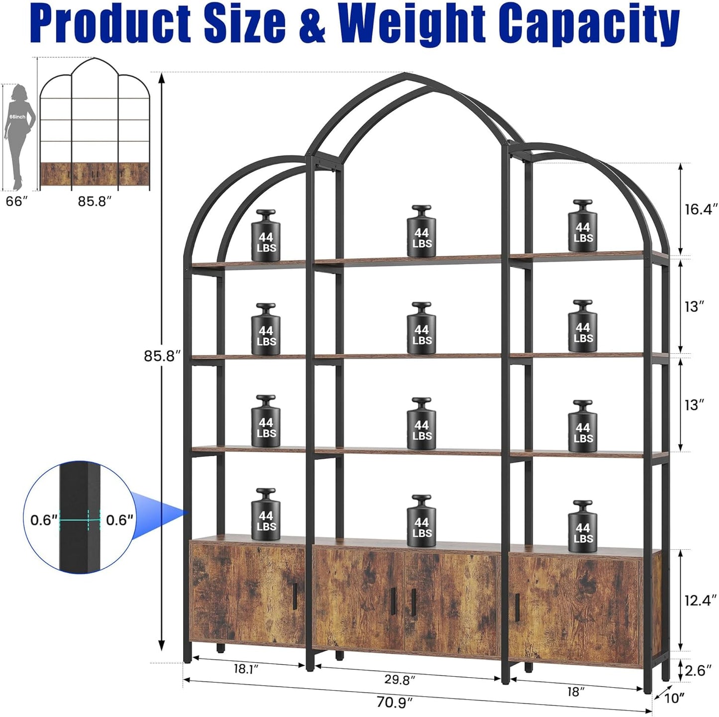 Triple Wide 5 Tier Tall Arched Bookshelf and Bookcase with 3 Cabinets, Industrial Metal Etagere Open Bookshelf, Rustic Wood Standing Book Shelf with Black Metal Frame for Bedroom Living Room
