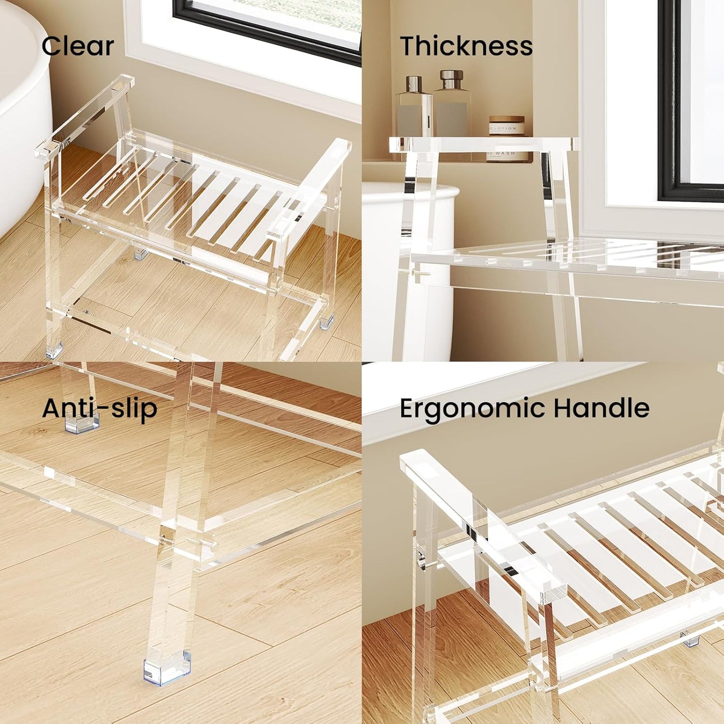 Acrylic Shower Chair with Arms - 23.62" Clear Shower Bench with Handle for Inside Shower Heavy Duty Shower Stool for Seniors Elderly Non-Slip Waterproof Indoor and Outdoor