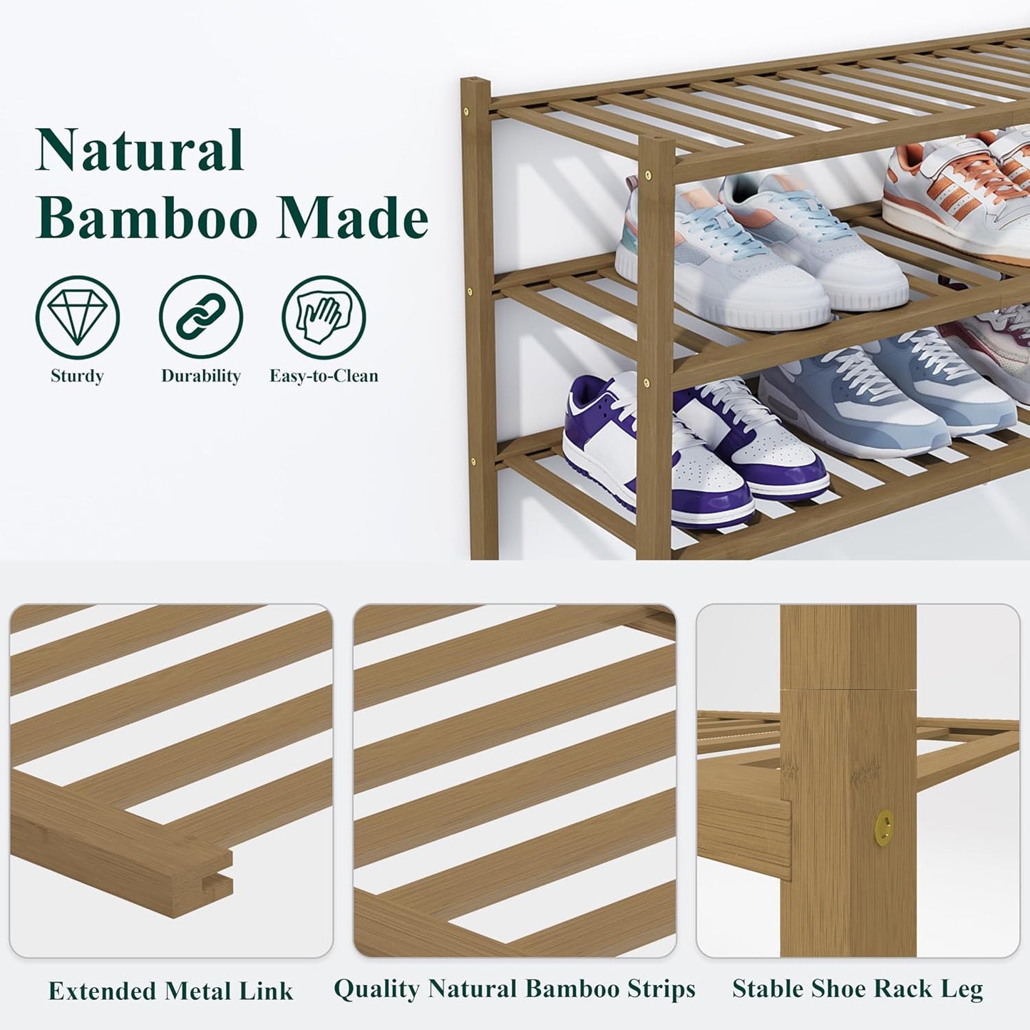 Smiry Shoe Rack, 5 Tier Thick Bamboo Shoe Organizer, Stackable Free Standing Wooden Shoe Storage Shelf for Closet, Entryway, Front Door Entrance, Walnut