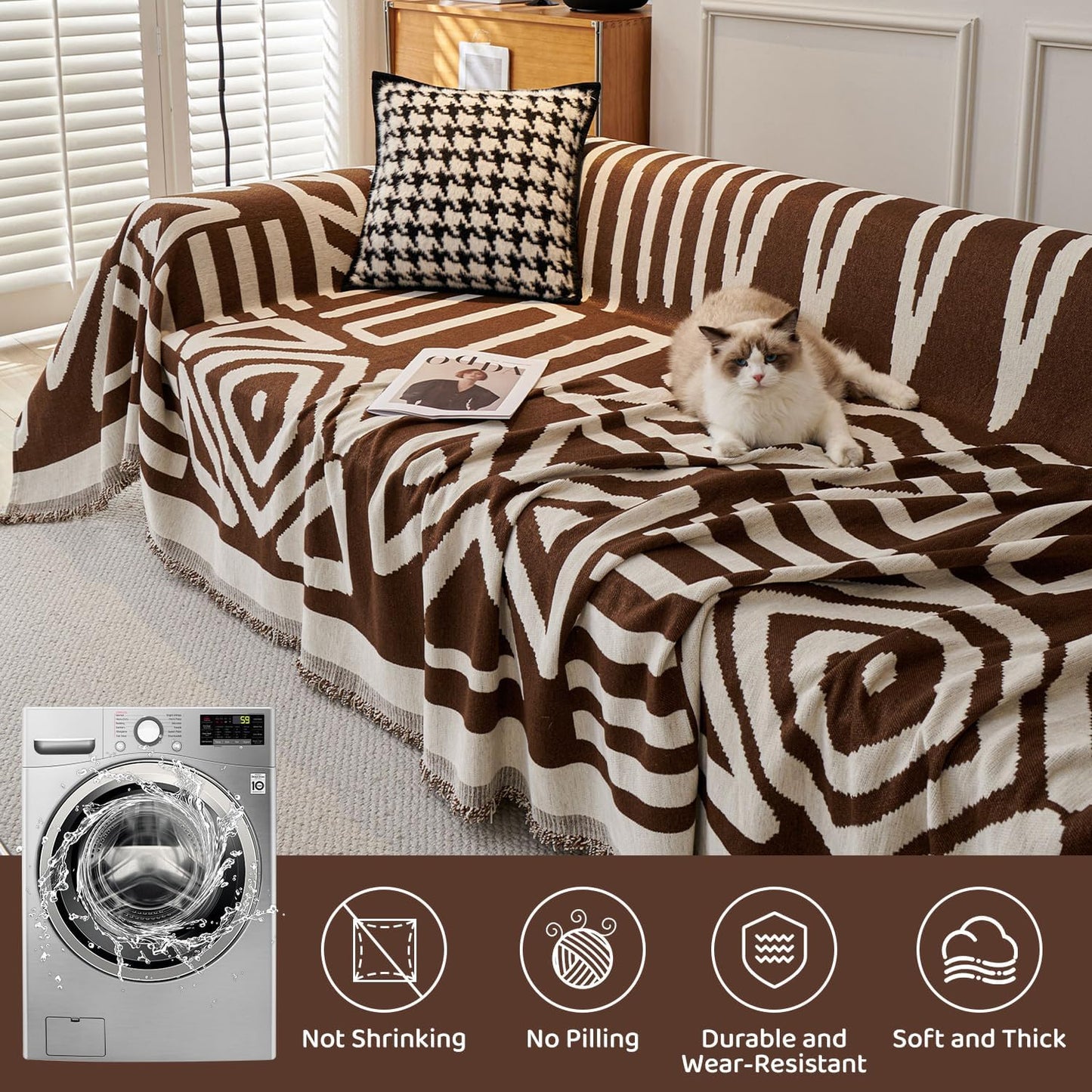 STACYPIK Soft Breathable Boho Chocolate Sofa Cover Stain Resistant Furniture Protector for 3 Cushion Couch Washable Sofa Cover for Dogs Cats Dark Khaki Reversible Sectional Covers for Sofa-91X150IN