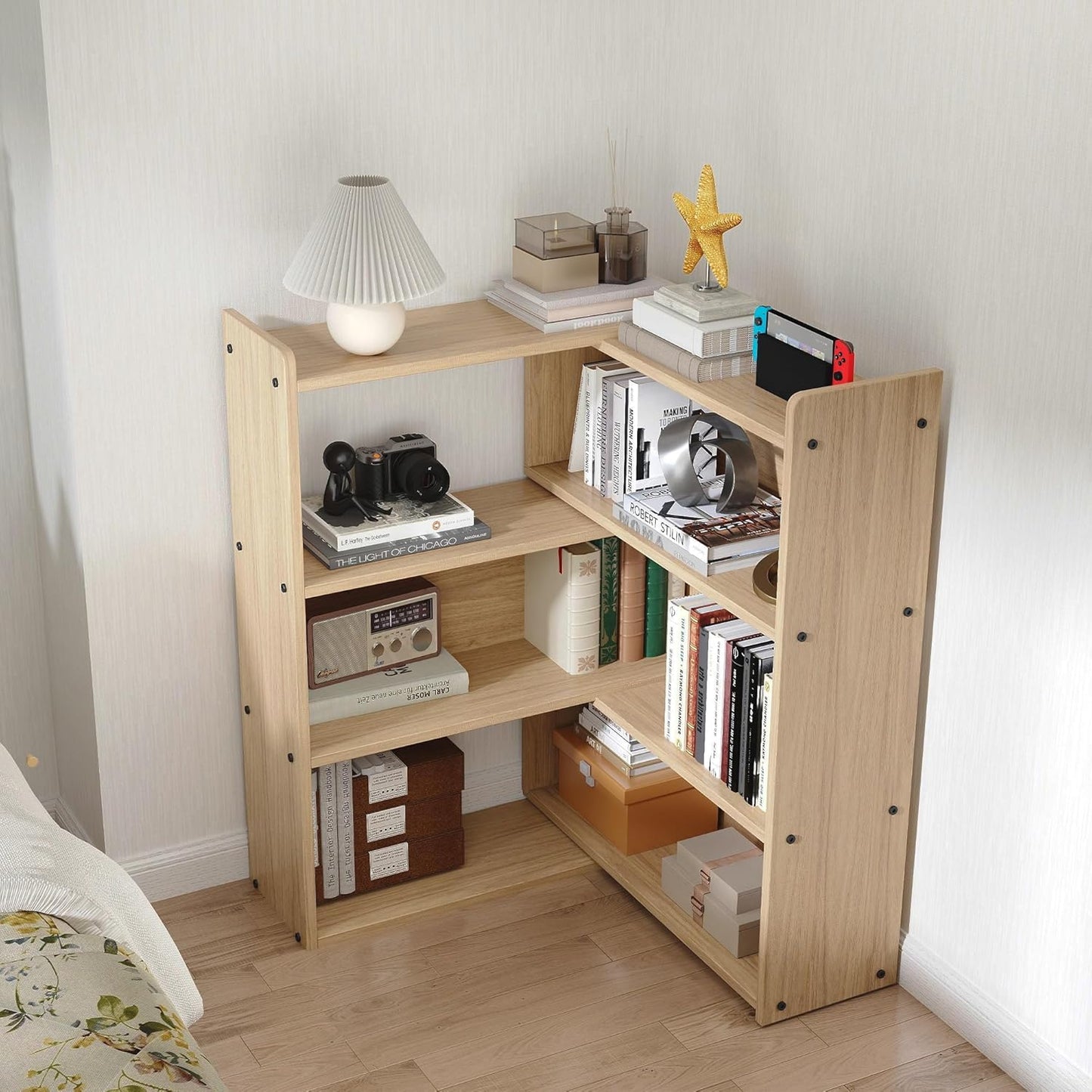 Open Shelf Low Bookcase,Wooden 4-Tier Floor Standing Expandable 25-47 inch Wide Bookcase,with Side Panels Frame for Home and Office