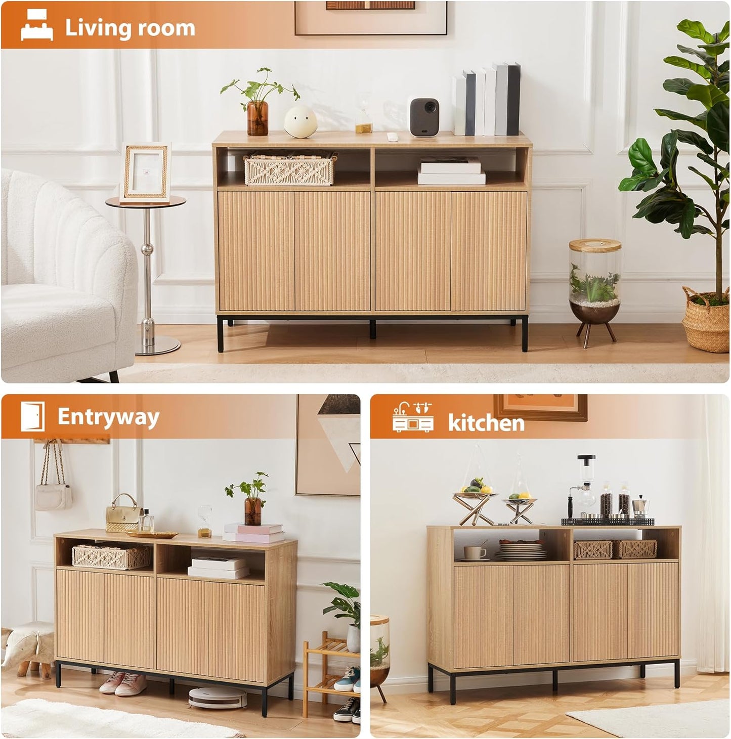 Farmhouse Buffet Sideboard Cabinet with Storage, Fluted Natural Coffee Bar Station Table with Doors and Adjustable Shelves, Modern Wood Cupboard for Kitchen