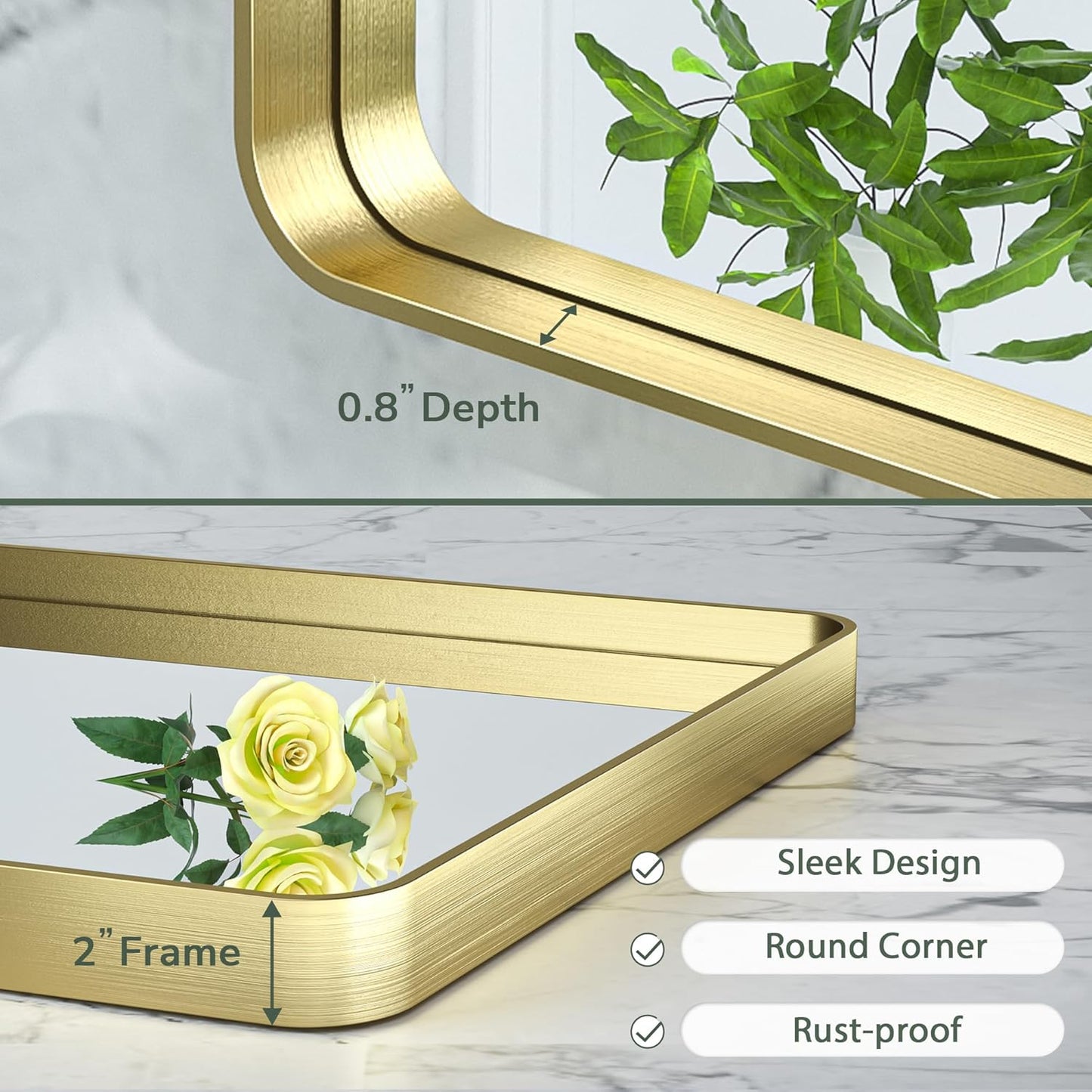 TokeShimi Gold Bathroom Mirror for Wall 42x36 Inch Rounded Corner Rectangle in Aluminum Alloy Brass Metal Frame Deep Set Design Hangs Horizontal Or Vertical Farmhouse