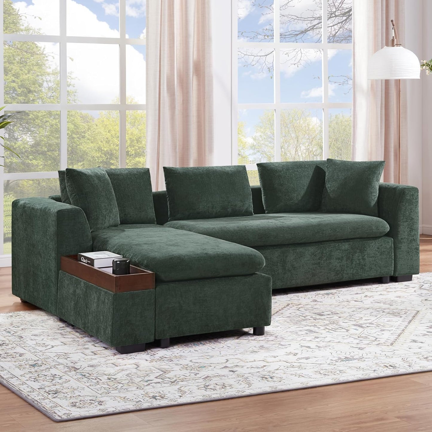 Merax 93.7" L-Shaped Sectional Sofa with Wooden Storage Compartment, Chenille Upholstered Deep Seating Sleeper Couch & Chaise Lounge and Throw Pillows for Living Room, Green