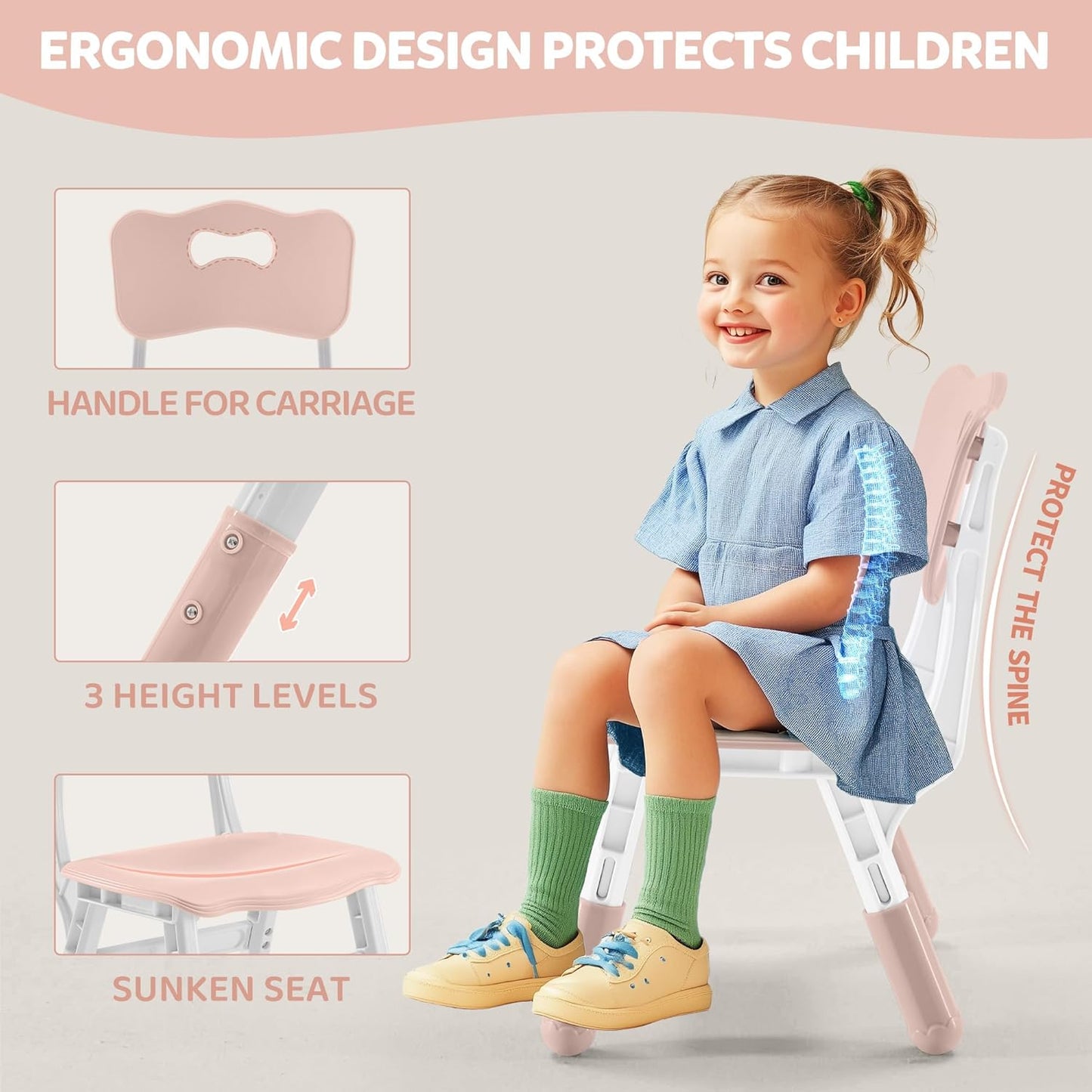 Adjustable Kids Table & Chairs Set for Ages 3-8 | 31.5"x23.6" Easy-Clean Activity Table | Meets ASTM/CPSC Standards for Daycare, Homeschool & Playroom (Pink, 2 Chairs)