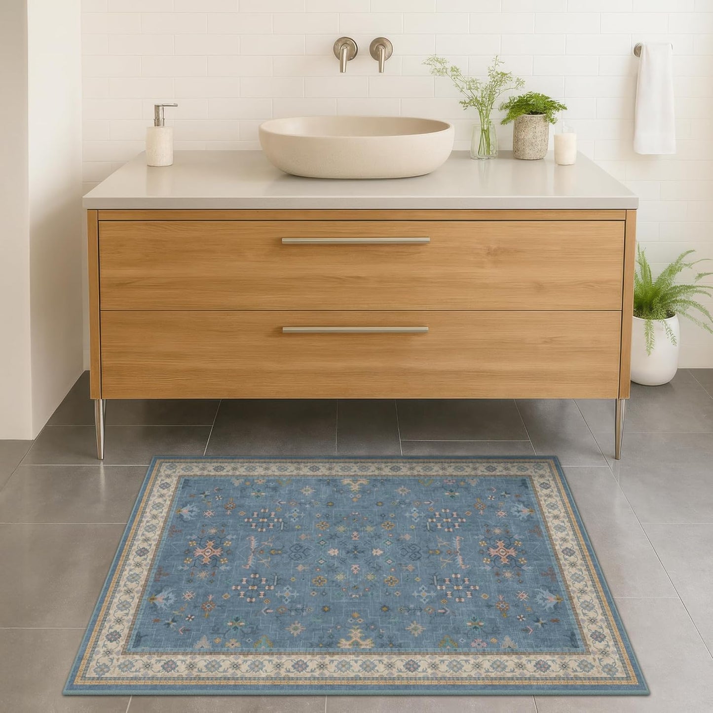 Blue 2x3 Washable Rug for Entryway Indoor, Kitchen Floor Waterproof, Bathroom, Powder Room, Non Slip Low Pile Stain & Fade Resistant, Modern Eclectic Floral Decor