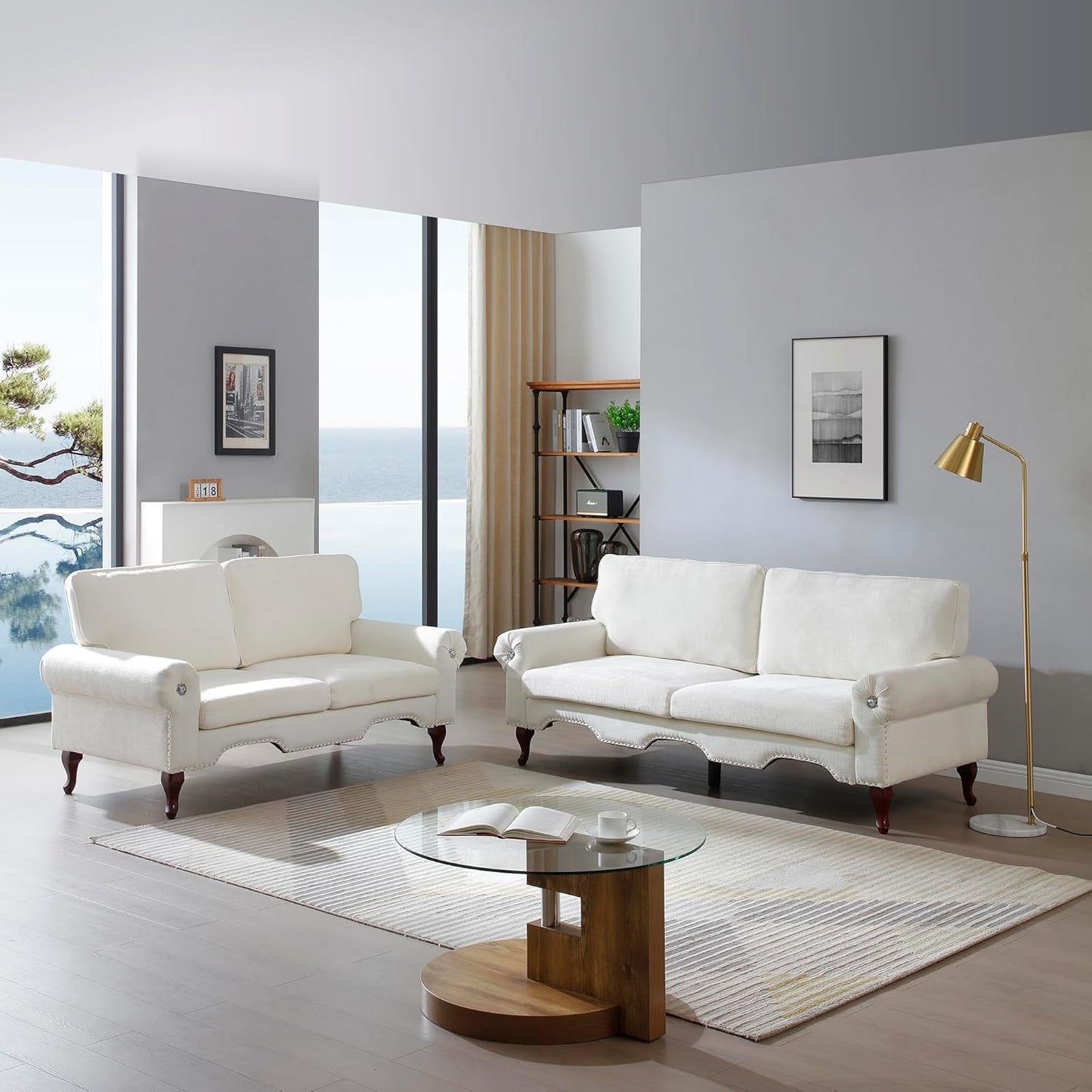 2 Piece Sectional Sofa Set, 2+3 Seat Convertible Couch with Movable Pillows, Upholstered Couches for Living Room, Beige