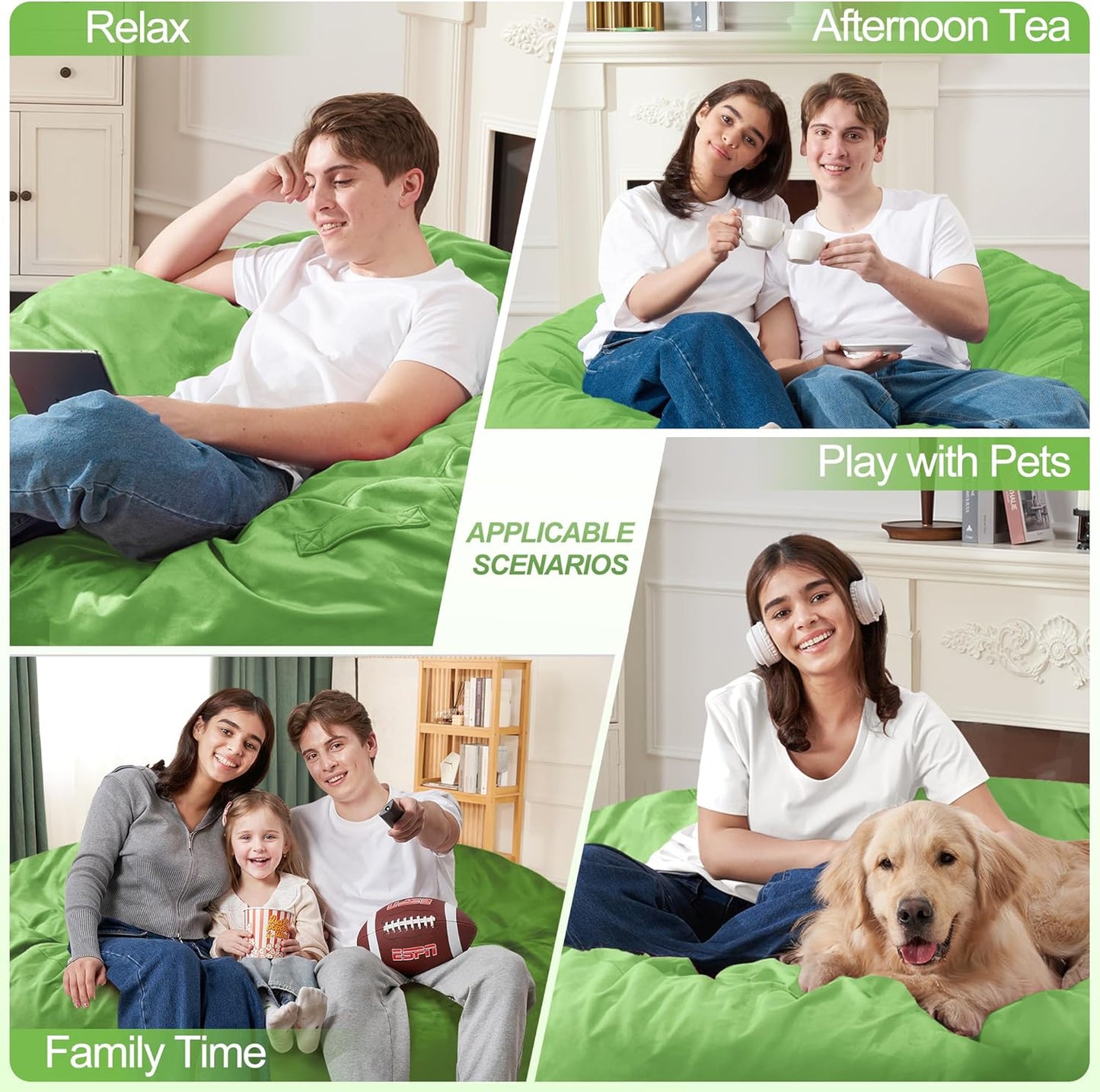 Homguava 4 FT Bean Bag Chair: 4' Bean Bags with Memory Foam Filled, Large Beanbag Chairs Soft Sofa with Dutch Velvet Cover-Lime
