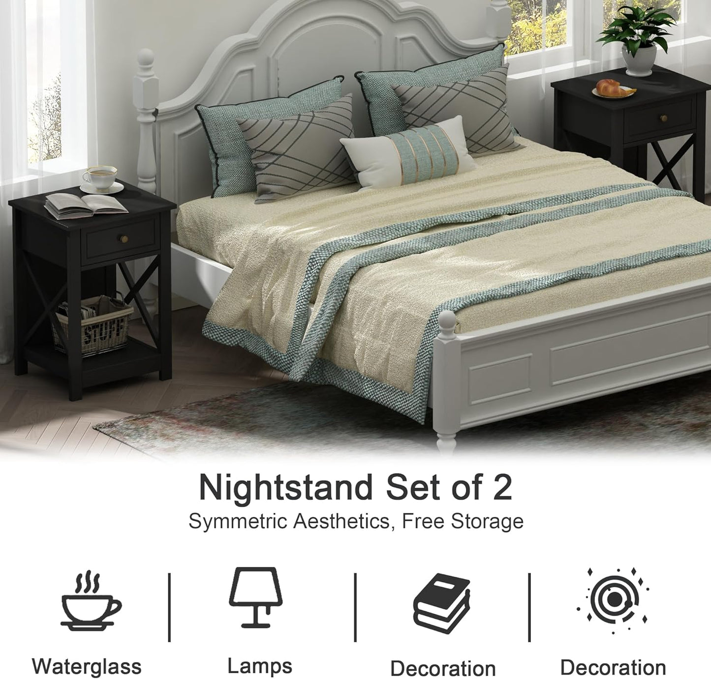 Treocho Black End Table Set of 2, Modern X-Design Night Stand,Bedside End Table with Open Storage for Small Place,Bedroom