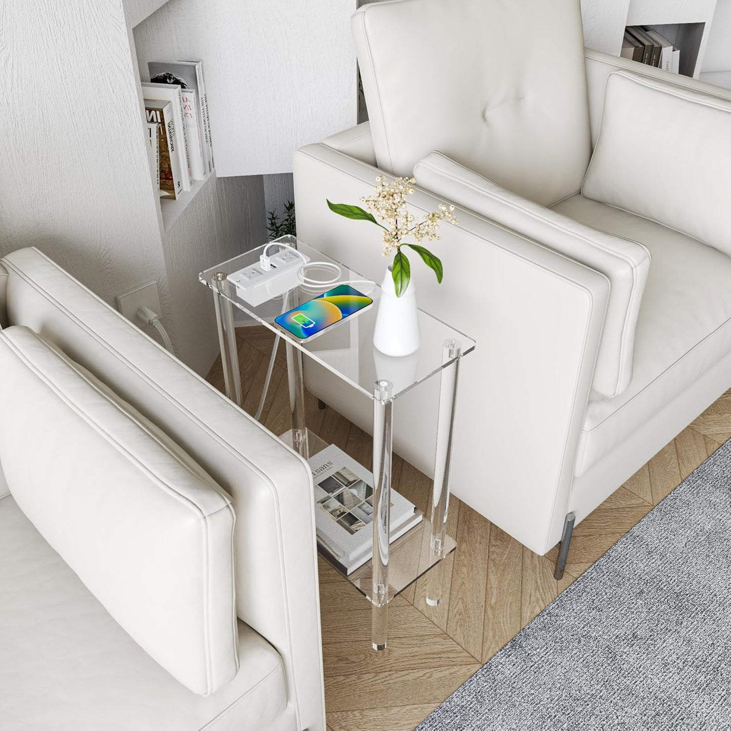 HMYHUM Acrylic Narrow Side Table with Charging Station, 7" Width, 2 Tier Small End Table for Small Spaces, Skinny Nightstand/Bedside Table with USB Ports & Outlet, Clear