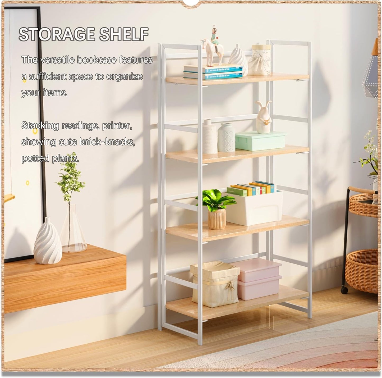 4NM No Assembly 4 Tiers Book Shelves, White Folding Bookshelf Bookcase Open Industrial Foldable Shelves for Bedroom, Living Room, Home Office - Natural White