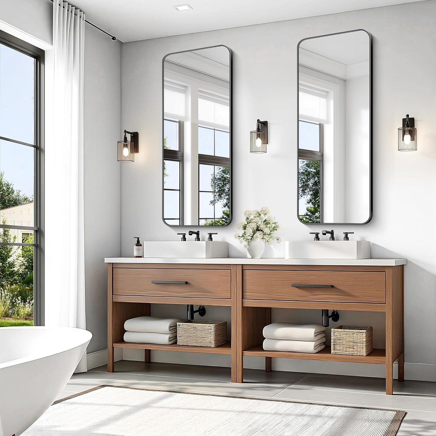 KOCUUY Black Rectangle Mirror, 20" x 48" Metal Frame Mirror with Rounded Corner, Classic Design of Upgraded Shatterproof Glass for Bathroom, Bedroom, Living Room, Entryway