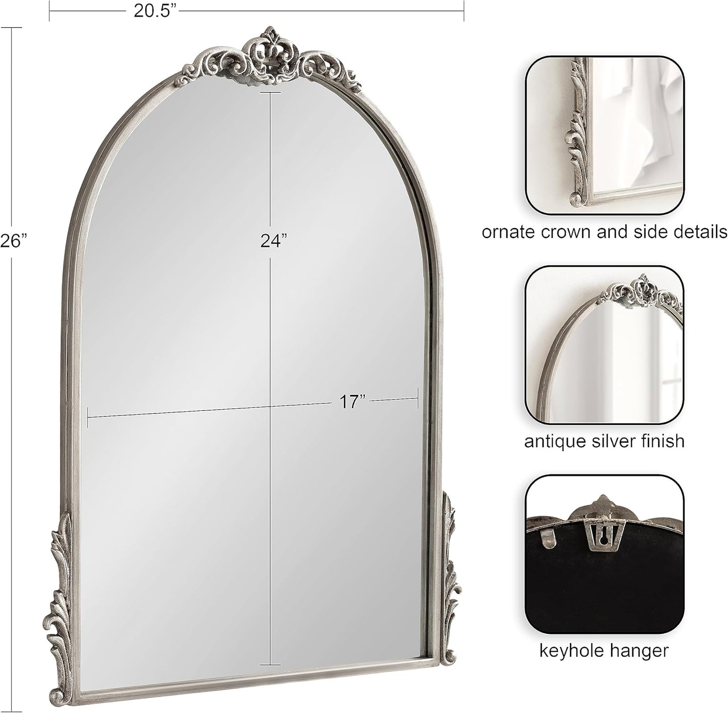Kate and Laurel Myrcelle Traditional Arched Mirror; 21 x 26; Antique Silver; Decorative Arch Mirror with Ornate Garland Detailing Along The Crown and Edges of The Frame