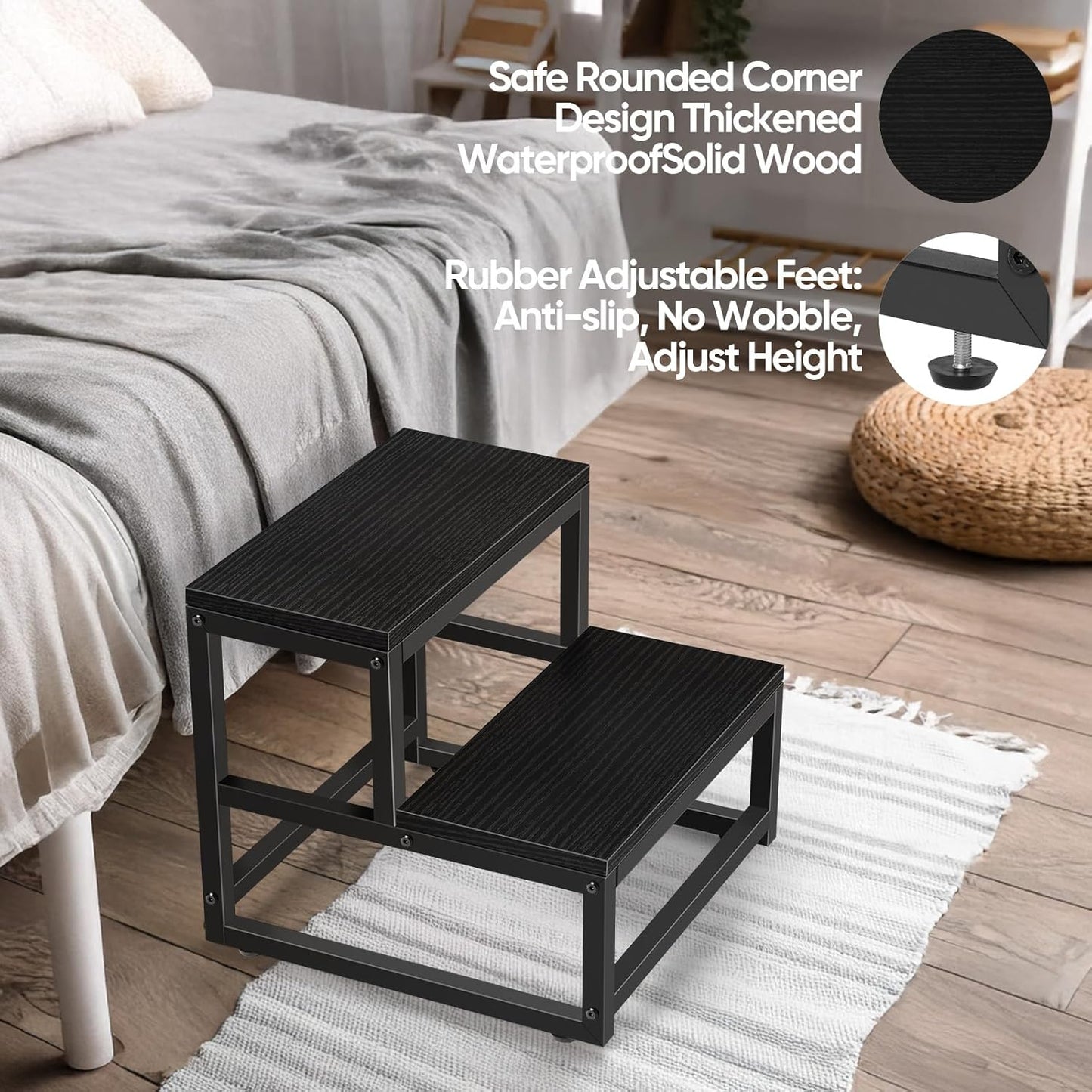 Wood and Metal 2 Step Stool for Adults & Kids – Heavy Duty Rustic Step Stools, 500 Lbs Capacity Non-Slip Stepping Stool for High Beds, Kitchen, Bathroom, Closet, Durable Foot Stool for Home Use,Black